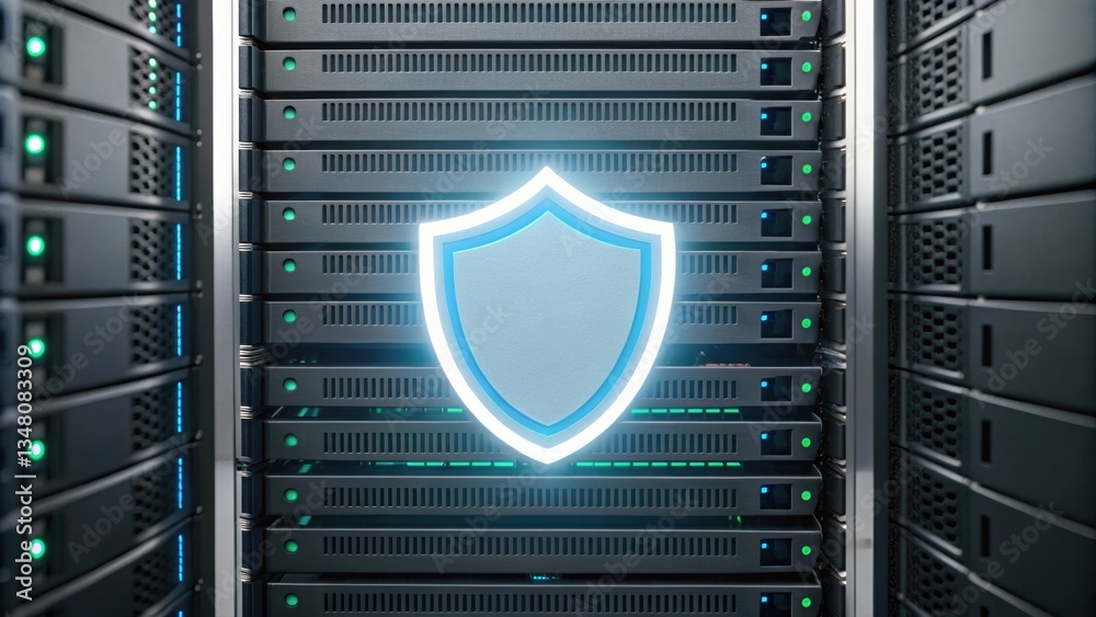 Poster shield on a server representing cyber resilience infrastructure and multi-layered security concept