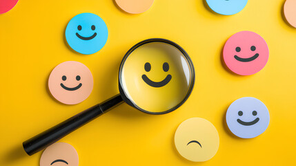 Fototapeta premium Customer review satisfaction feedback survey concept to gather insights and improve its services. A magnifying glass focuses on smile face among different feedback emoticons on yellow background