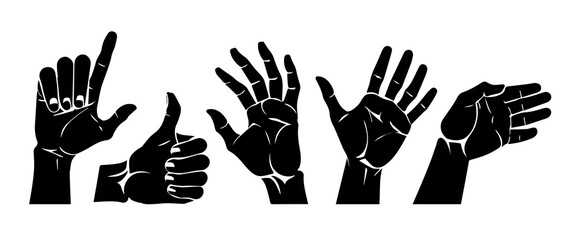 Vector set of silhouettes of human hands depicting various gestures,  like icon vector, hand thumbs up.