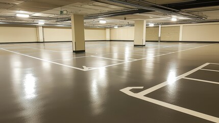 Empty Parking Garage Floor with White Line Markings for Spaces