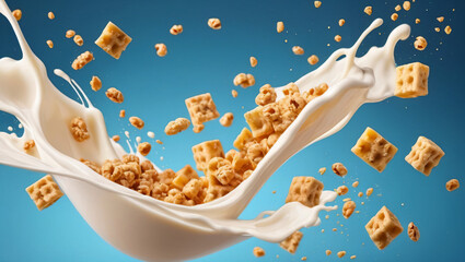 Abstract milk splash with cereal flying in the air. Dynamic explosion effect. Abstract food wallpaper concept for ads, banner, flyer, design.