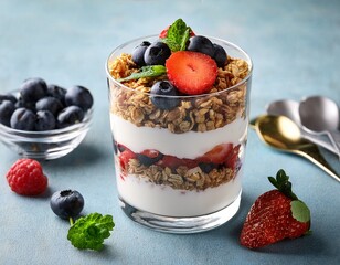 layered parfait with yogurt granola and fresh berries