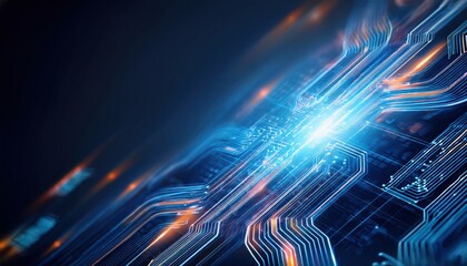 Circuit board featuring a blue light emphasizing the concept of digital acceleration in technology
