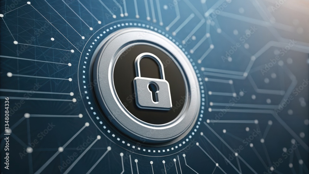 Poster high-tech padlock resting on circuit board illustrating advanced digital security mechanisms in use