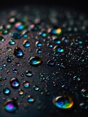 Iridescent water droplets on a dark surface