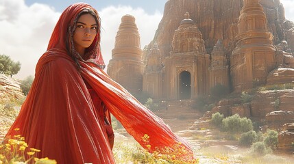 Fototapeta premium Woman in red cloak poses near ancient temple, landscape, and natural light