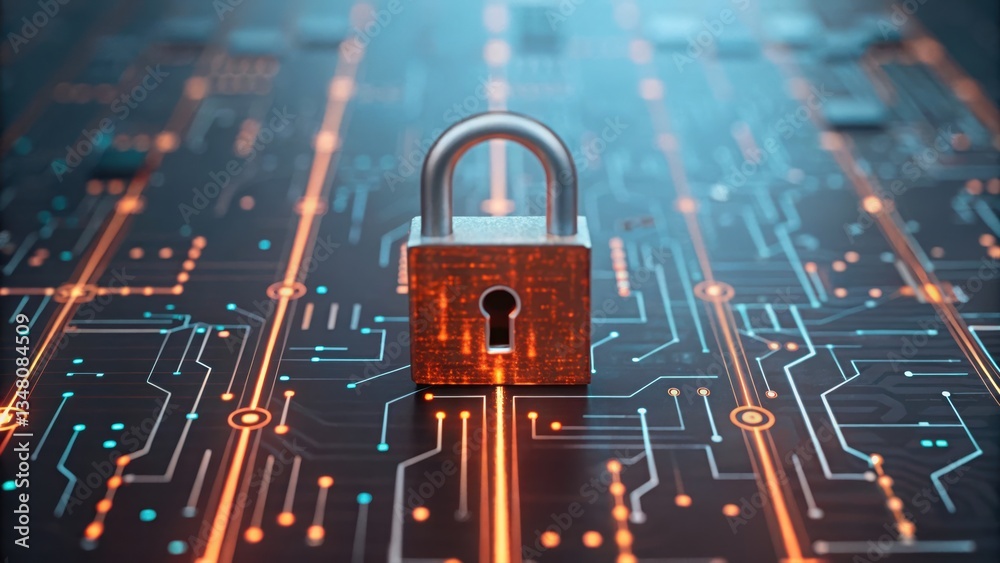 Poster encrypted data transfer visualization featuring a padlock on circuit board symbolizing digital secur