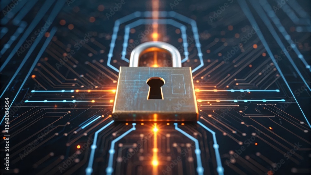 Poster lock on circuit board representing encrypted data transfer visualization in digital security systems
