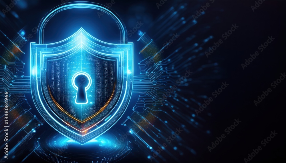 Poster digital security shield with key symbolizing advanced cyber protection and encryption technology