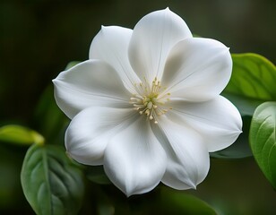 Fototapeta premium close up of a delicate white flower with green leaves