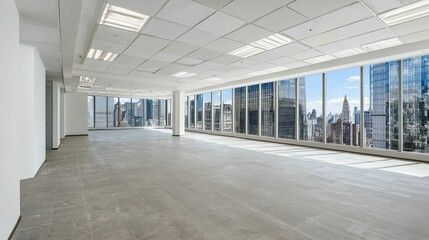Fototapeta premium Spacious High-Rise Office Interior with Empty Floor and City View