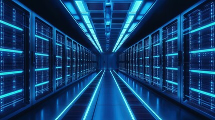 Fototapeta premium High-Tech Data Server Room Illuminated with Blue LED Lights