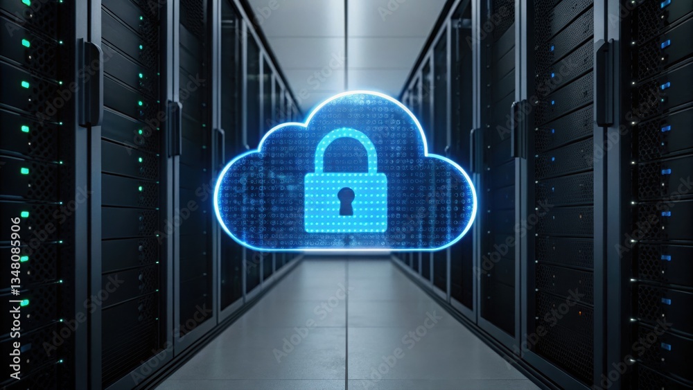 Poster high security cloud data storage featuring encrypted server with lock symbolizing data protection
