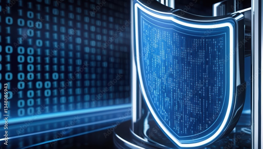 Poster high-tech firewall protection featuring shield with binary code design set against dark background