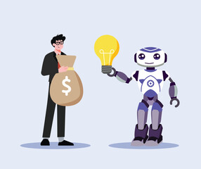 Man Holding Money with Robot Holding Lightbulb Showing Artificial Intelligence