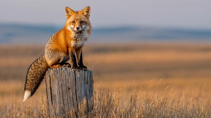 Fototapeta premium A striking fox with a vibrant orange coat stands proudly on a wooden stump, overlooking vast golden grasslands under a soft morning sky, capturing the essence of nature's beauty.