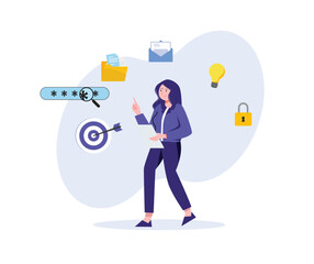 Woman analyzing data security and online targets with ideas for protection and safety great for business and technology concepts.