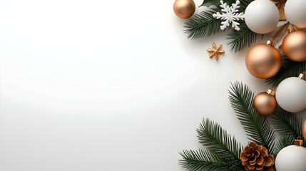 Fototapeta premium Christmas Decorations: Gold and White Ornaments with Pine Branches on White Background