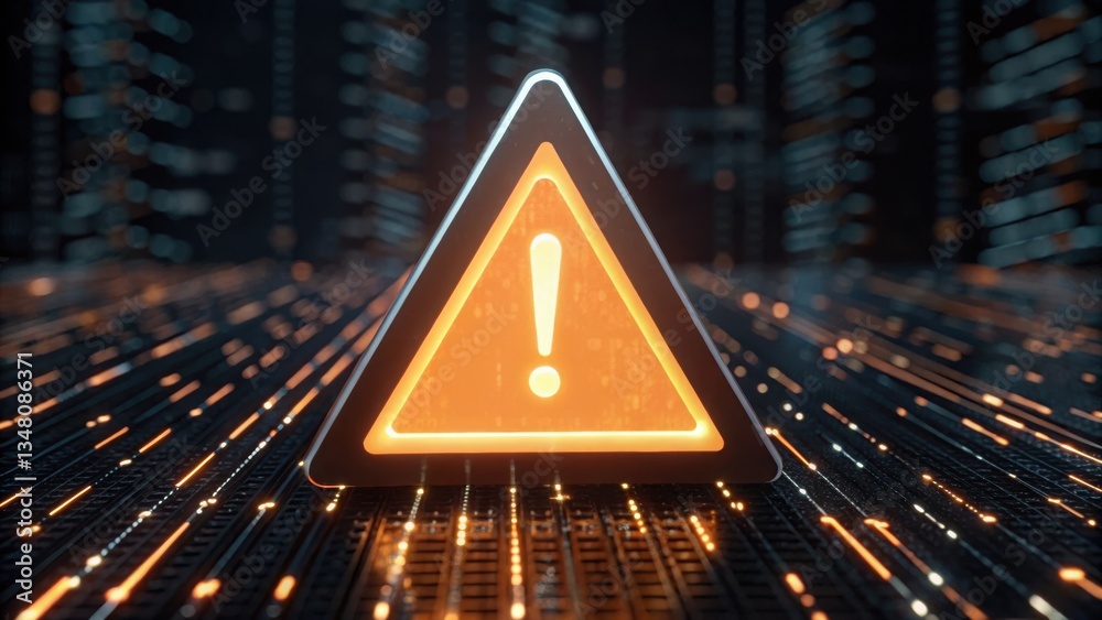 Poster computer displaying a warning sign indicating internet security failure with glowing triangle alert