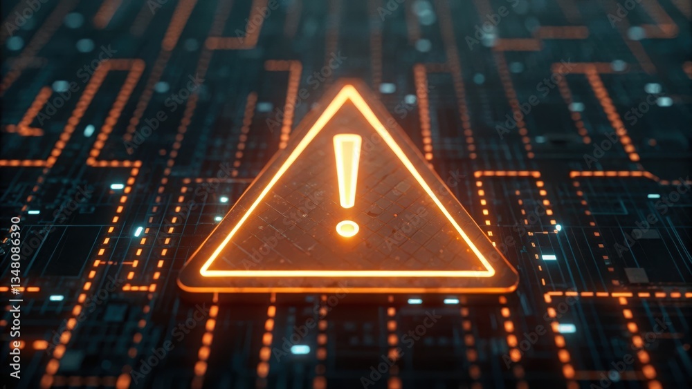 Poster warning symbol displayed on a circuit board signifying internet security failure and potential risks