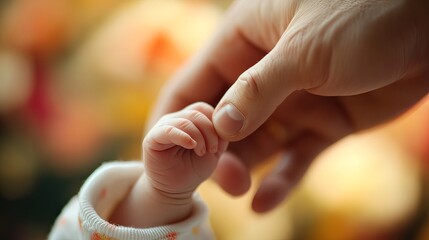 Close-up of a newborn baby&acirc;&euro;&trade;s tiny hand holding a parent&acirc;&euro;&trade;s finger, love and family bond.