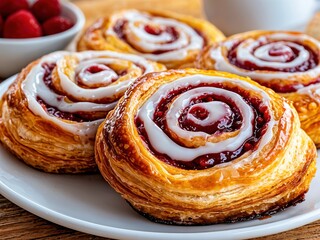 Fototapeta premium Warm and flaky raspberry swirl pastries are beautifully arranged on a rustic wooden table, paired with fresh raspberries and a cup of steaming coffee, inviting a moment of indulgence.