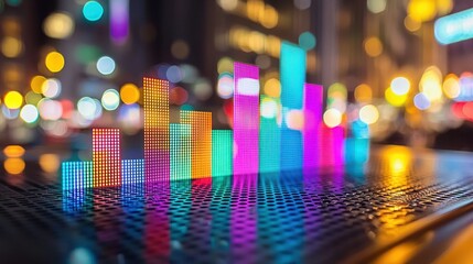 Colorful data bars hover over a dark laptop with bokeh lights in the background