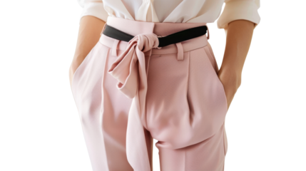 Businesswoman wearing stylish pink trousers and white shirt with hands in pockets on transparent background