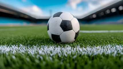 Fototapeta premium Close-Up of a Wet Soccer Ball on a Green Field