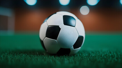 Close Up Of A Wet Soccer Ball On Green Artificial Turf