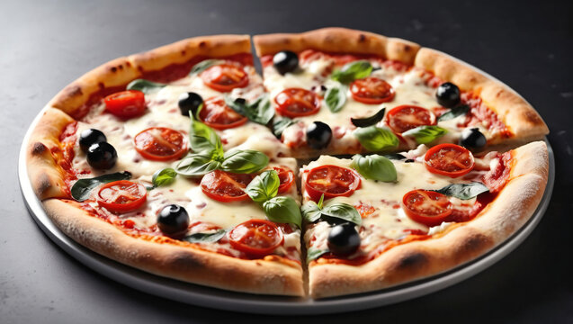 Delicious pizza with tomato, basil, pepperoni toppings on a background . Fresh vegetarian pizza with tomtato sauce and cheese. Italian food wallpaper. Close up view of tasty hot pizza.