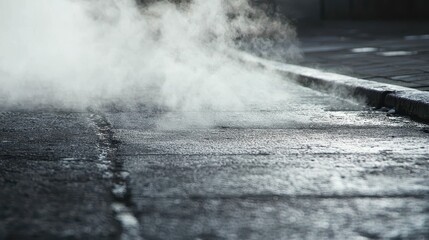 Overheated Pavement with Steam Rising on a Hot Day