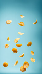 Fresh golden yellow potato chips flying in the air. Food advertisement concept for banner, templates, design, poster, illustration. Abstract background