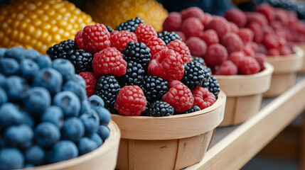 Close-Up of Colorful Berries and Corn in Wooden Baskets at a Market