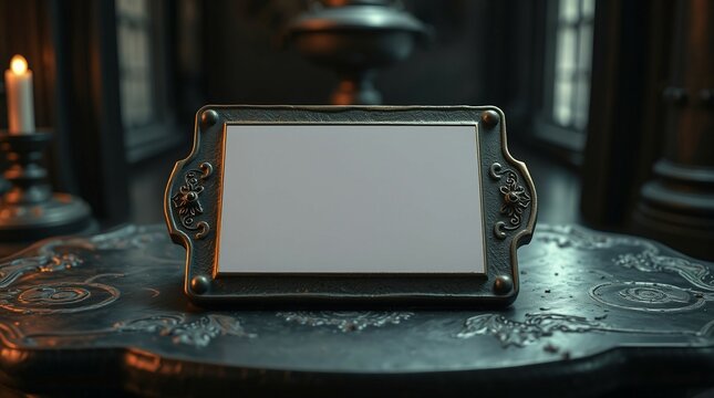 A vintage-style blank nameplate with an ornate metal frame sits on a dark gothic table with candlelight in the background, creating an elegant and moody scene.

