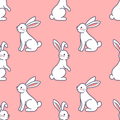 Happy Easter doodle seamless pattern. Vector cute characters Bunny, rabbit, hare. Hand drawn cartoon illustration. Kids Textile, fabric, texture design