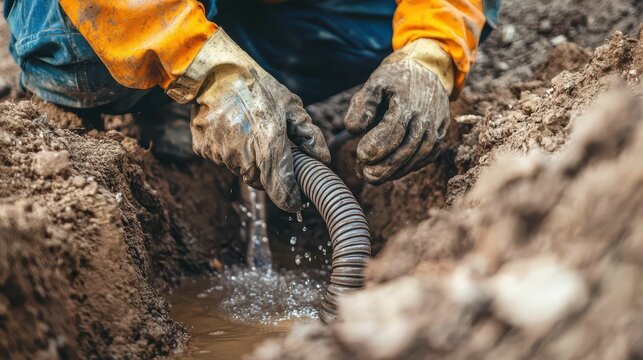 Plumber Using Snake Tool to Unclog Blocked Sewage Pipe in Ground