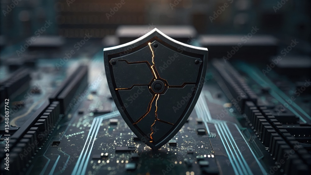 Poster computer chip with a broken shield on top highlighting vulnerabilities in spyware and data leakage