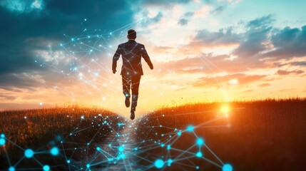 Obraz premium Man Running Towards Sunset, Embracing Technological Advancement and Future Success