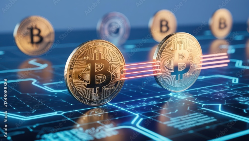 Aufkleber bitcoin coins representing tokenized assets in a digital financial ecosystem with blockchain technol