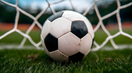 Close Up Of Wet Soccer Ball In Goal Net On Grassy Field