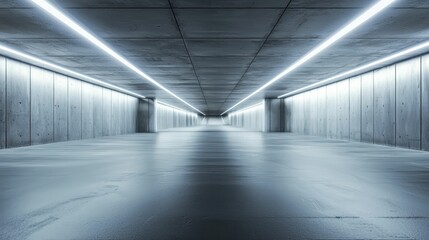 Abandoned Underground Tunnel with Smooth Concrete Floor and Lights