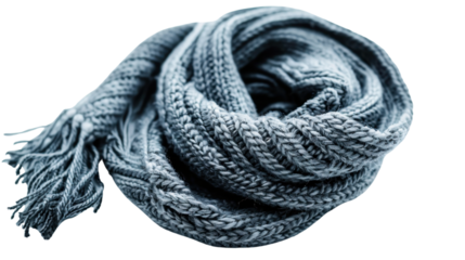 Warm knitted winter scarf with fringe on transparent background