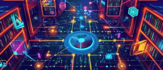 Obraz premium Futuristic server room shows microservices architecture diagram, glowing data paths weave through network infrastructure with grainy texture.