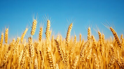 Fototapeta premium Golden wheat field under a clear blue sky, symbolizing agriculture and rural life.