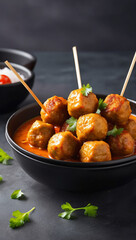Piping hot steaming fresh tasty cooked curry fishball skewers with sauce in a bowl. Street food wallpaper concept. Macro close up