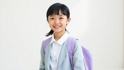 Smiling Asian schoolgirl wearing uniform and backpack on white backdrop