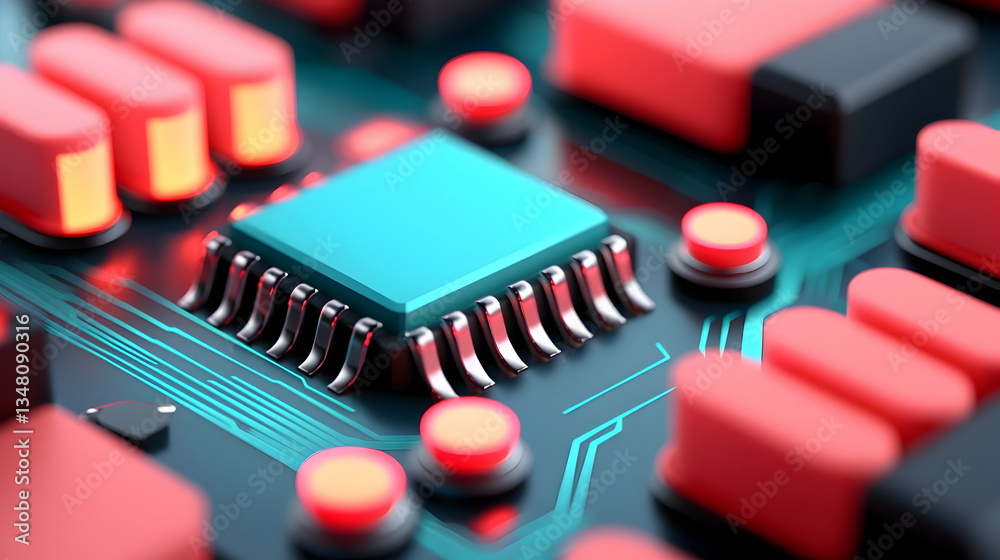 Wall mural closeup of a microchip on a circuit board