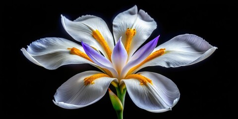 Fototapeta premium Macro photograph of a blooming Dietes bicolor, African iris, against a black background, showcasing long exposure effects.