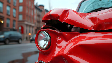 Closeup of Damaged Red Car on City Street